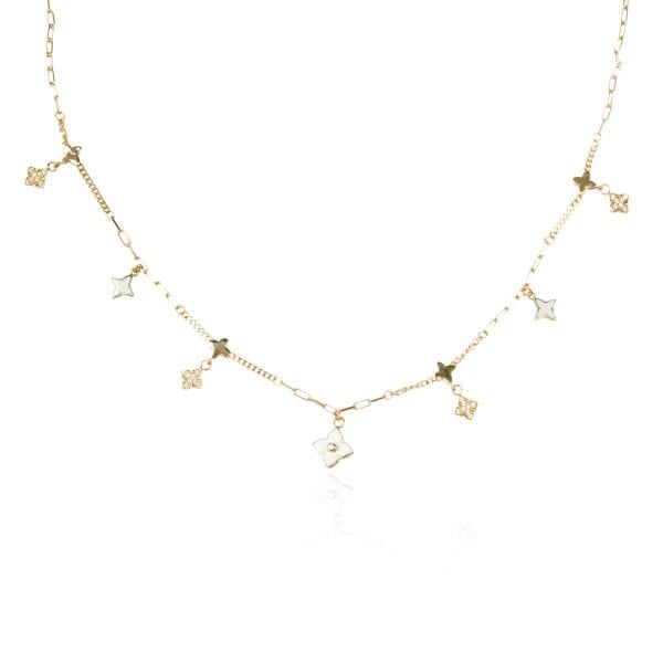 14 Ayar Altın Çok Figürlü Çiçek Motifli Beyaz Mineli Kolye