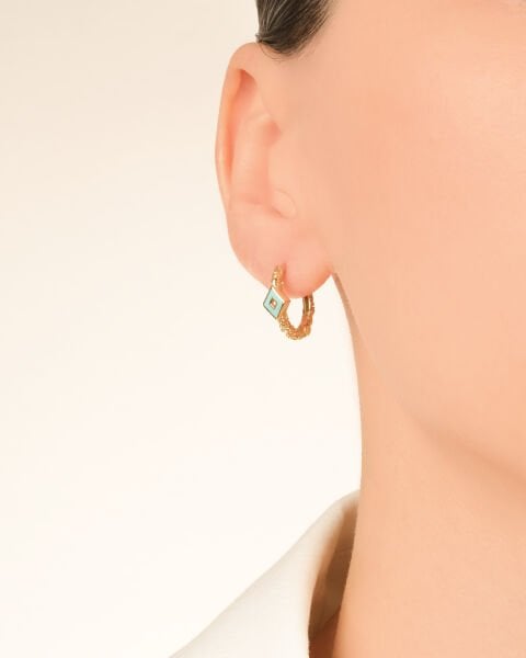 14 Ayar Altın Mavi Mineli Halka Küpe