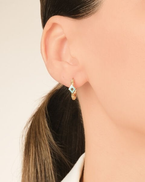 14 Ayar Altın Mavi Mineli Halka Küpe