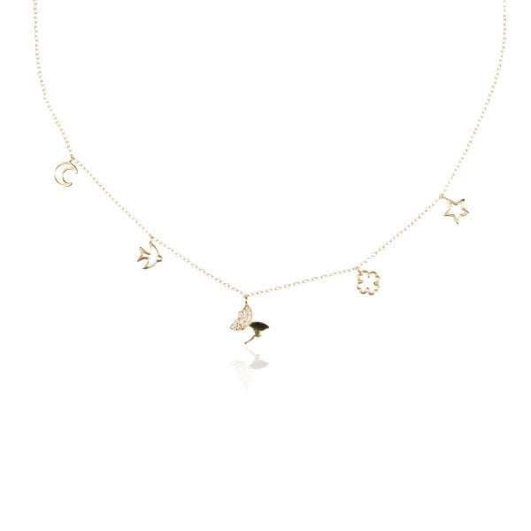 14 Ayar Altın Taşlı Kelebek ve Sembolik Figürlü Kolye