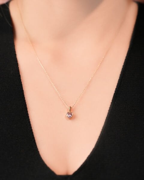 14 Ayar Altın Pembe Kuvars Kalp Kolye