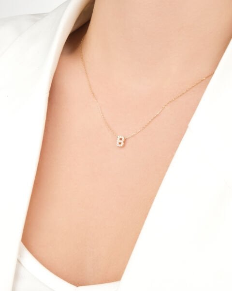 14 Ayar Altın Taşlı B Harfi Kadın Kolye