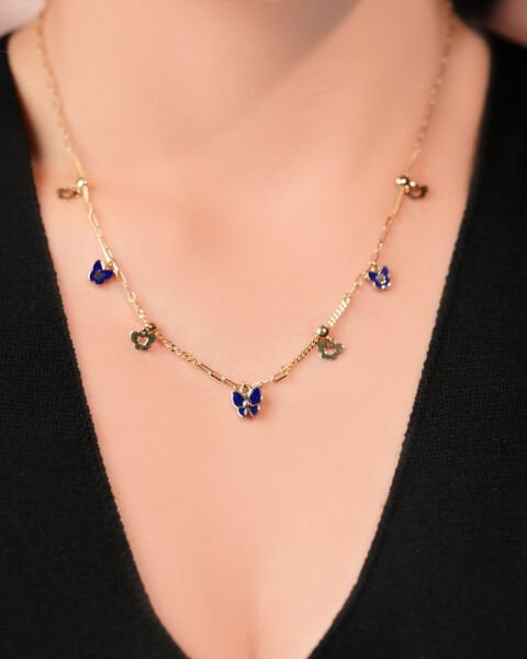 14 Ayar Altın Mavi Mineli Kelebek Kolye