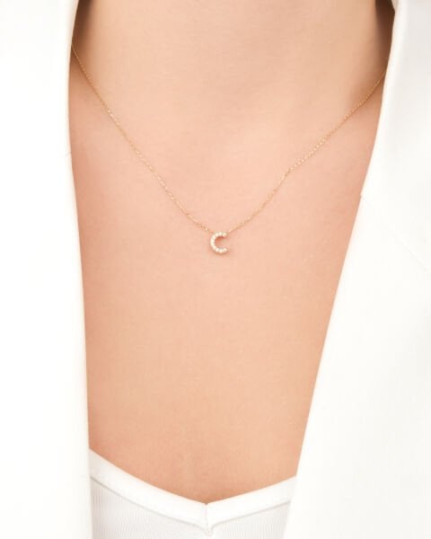 14 Ayar Altın Taşlı C Harfi Kadın Kolye