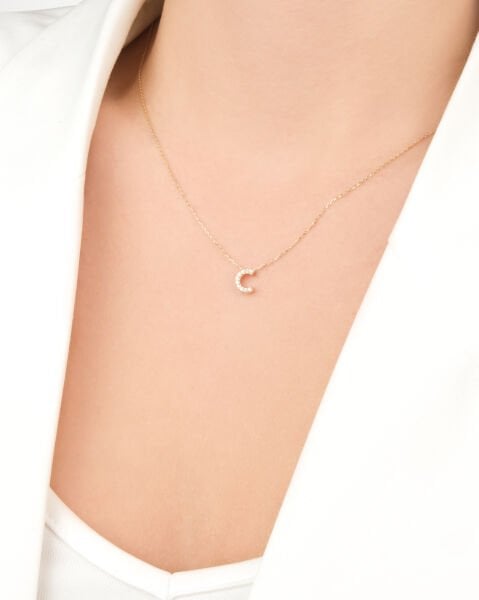 14 Ayar Altın Taşlı C Harfi Kadın Kolye