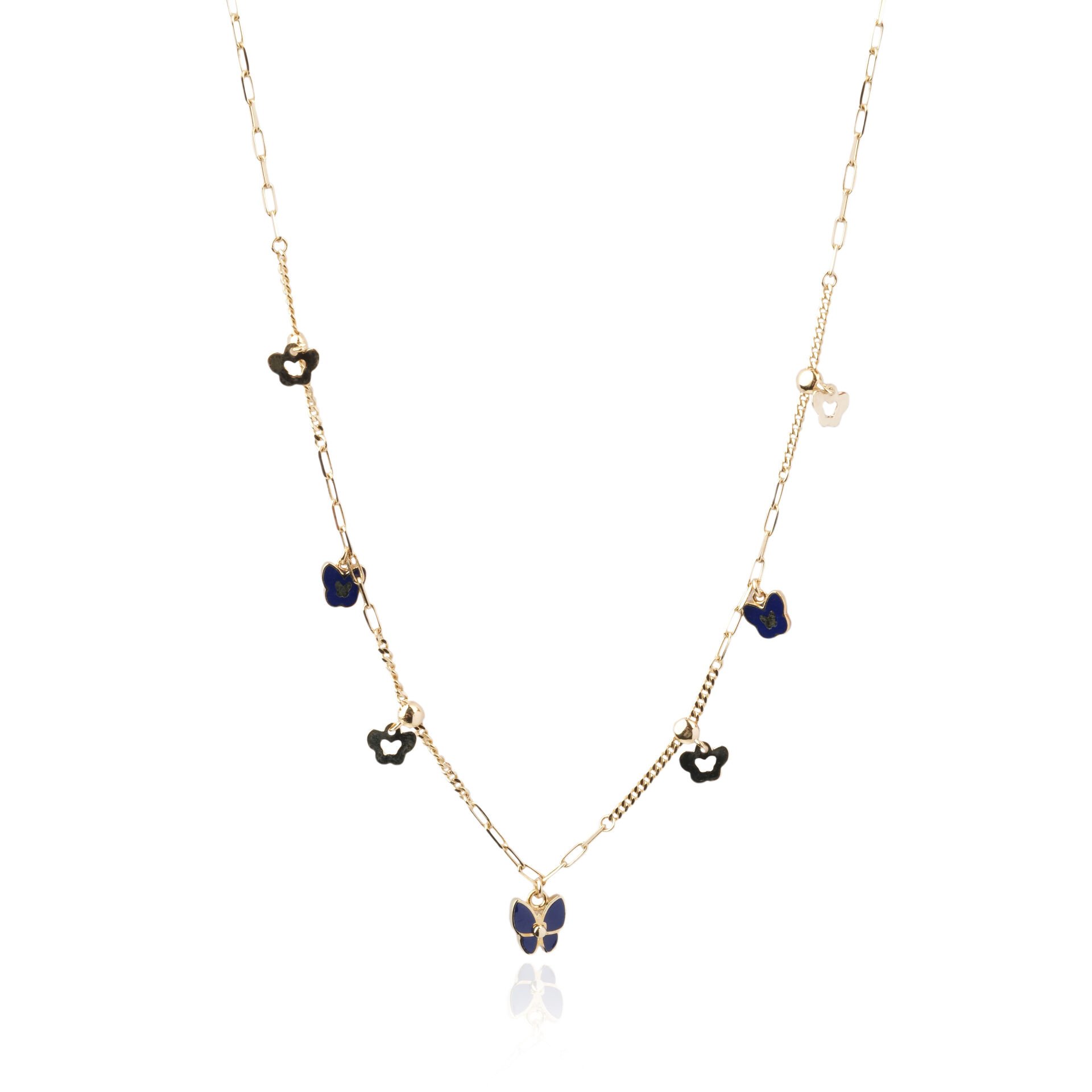 14 Ayar Altın Mavi Mineli Çoklu Kelebek Figürlü Kolye