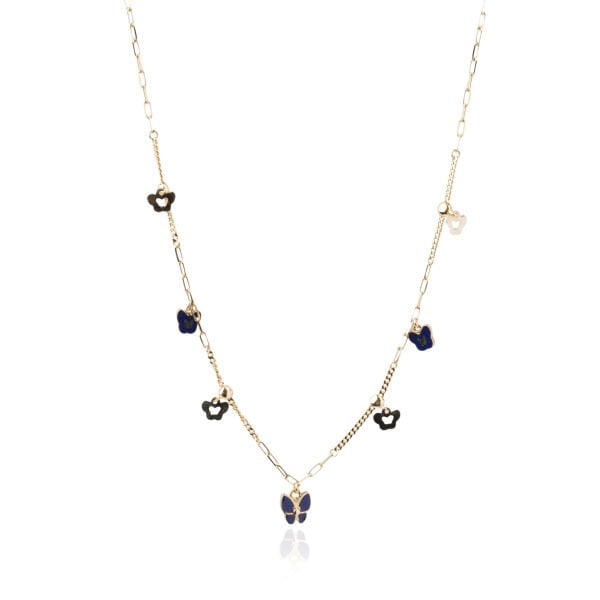 14 Ayar Altın Mavi Mineli Çoklu Kelebek Figürlü Kolye