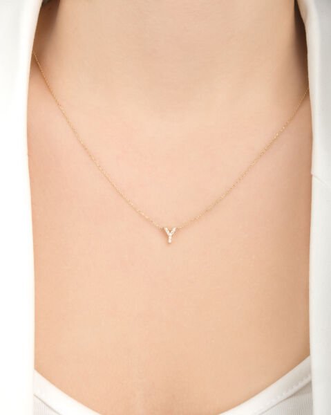 14 Ayar Altın Taşlı Y Harfi Kadın Kolye