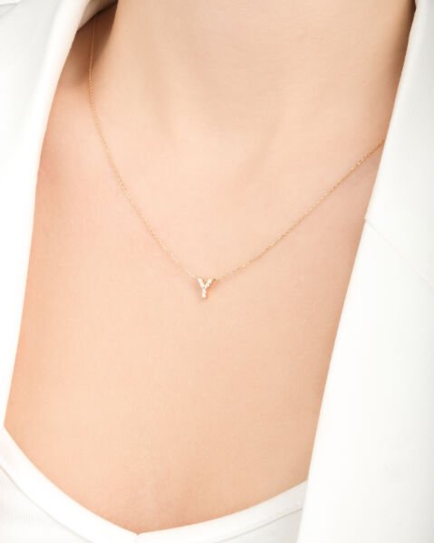 14 Ayar Altın Taşlı Y Harfi Kadın Kolye