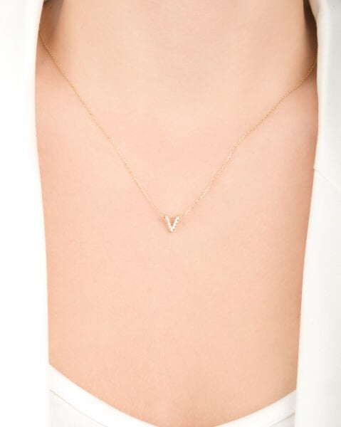 14 Ayar Altın Taşlı V Harfi Kadın Kolye