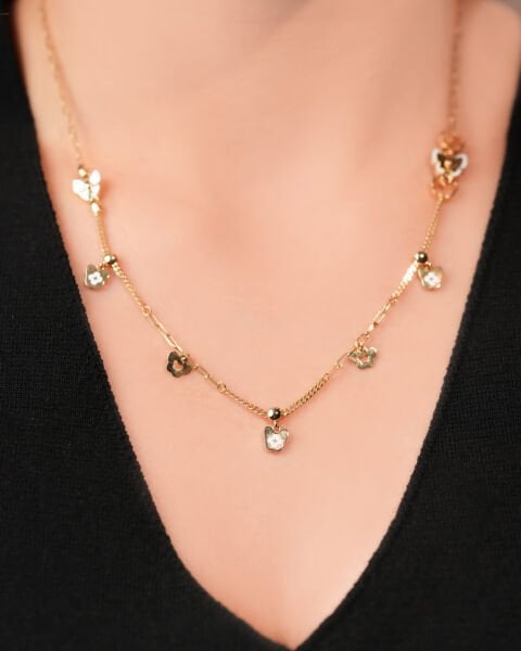 14 Ayar Altın Çoklu Kelebek Figürlü Beyaz Mineli Kolye