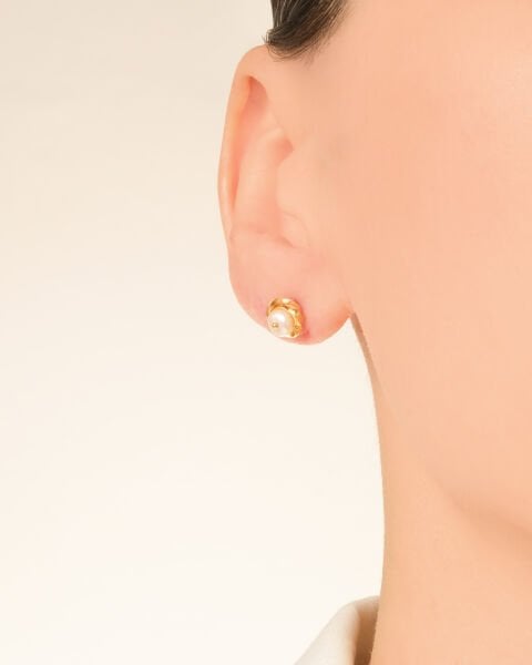 14 Ayar Altın İncili Yuvarlak Küpe