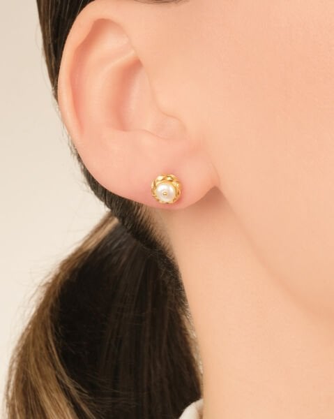 14 Ayar Altın İncili Yuvarlak Küpe