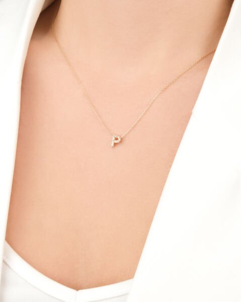 14 Ayar Altın Taşlı P Harfi Kadın Kolye