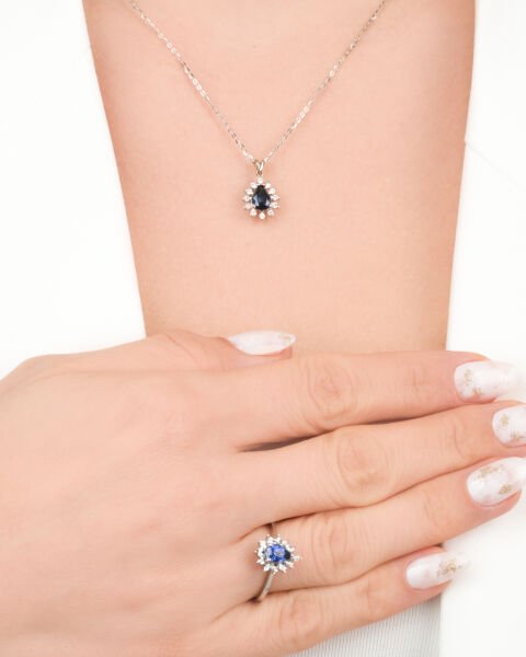 Pırlanta Safir Taşlı Damla Model Set