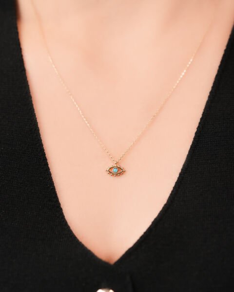 14 Ayar Altın Firuze Taşlı Göz Figürlü Kolye