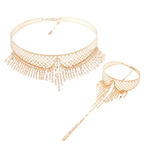 14 Ayar Altın Dorika Toplu Pullu Sallantılı Tasarım Set (Kolye - Bilezik)