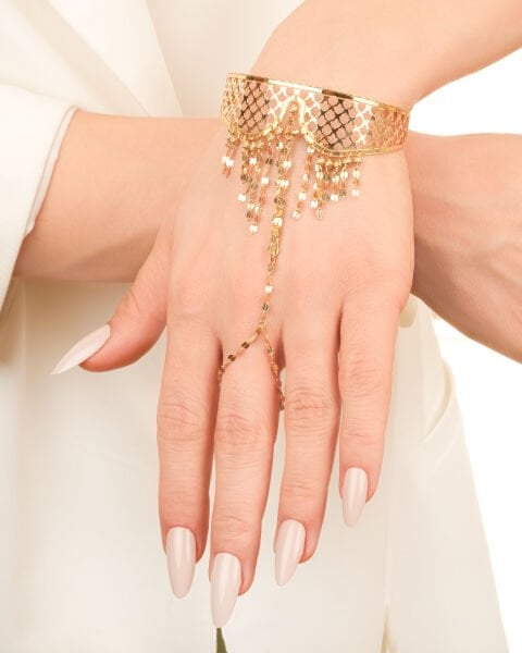 14 Ayar Altın Dorika Toplu Pullu Sallantılı Tasarım Set (Kolye - Bilezik)