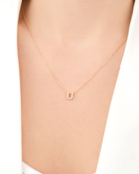 14 Ayar Altın Taşlı U Harfi Kadın Kolye