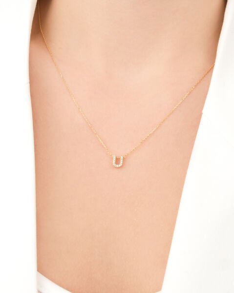 14 Ayar Altın Taşlı U Harfi Kadın Kolye