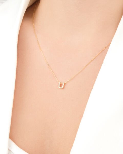 14 Ayar Altın Taşlı U Harfi Kadın Kolye