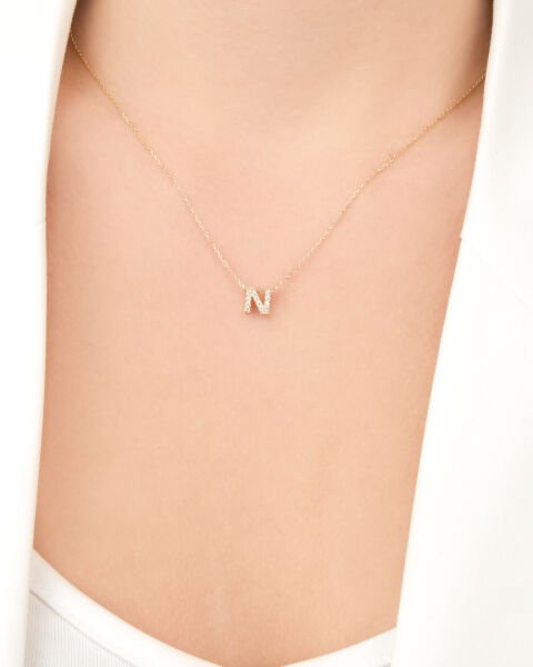 14 Ayar Altın Taşlı N Harfi Kadın Kolye