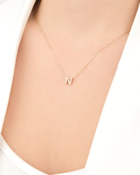 14 Ayar Altın Taşlı N Harfi Kadın Kolye