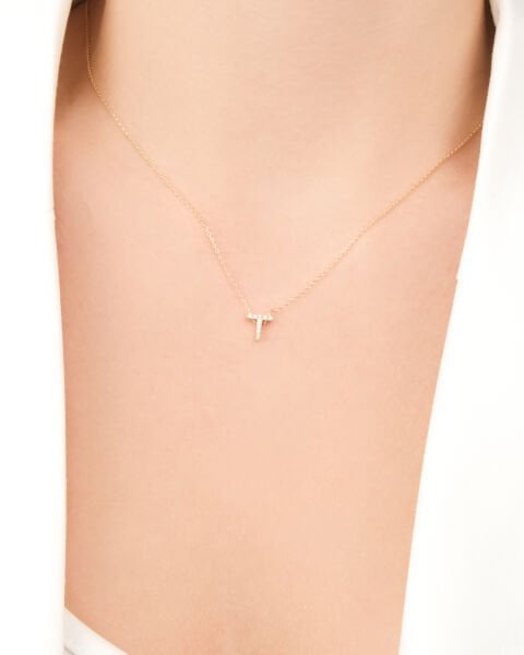 14 Ayar Altın Taşlı T Harfi Kadın Kolye