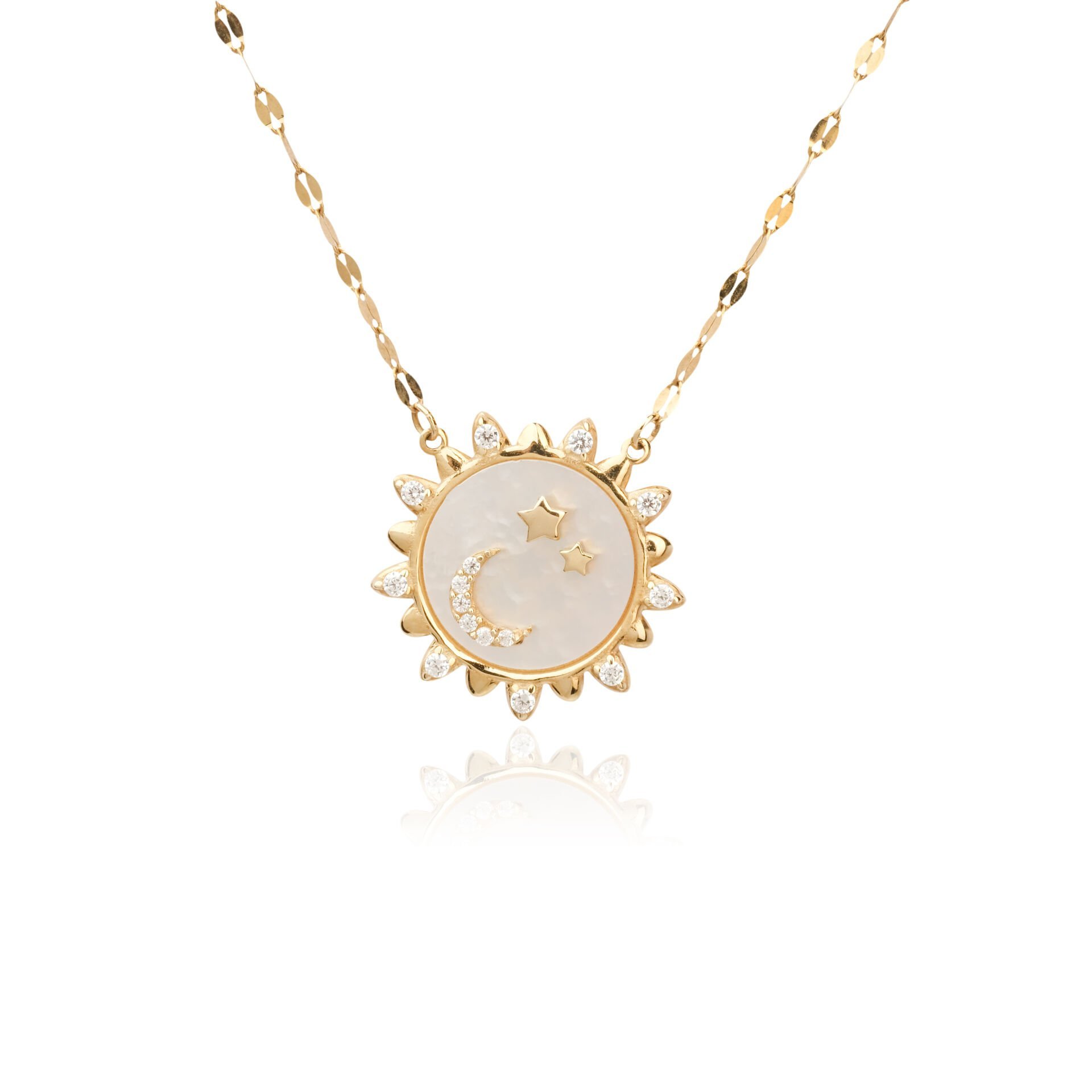 14 Ayar Altın Taşlı Sedefli Güneş & Ay Kolye