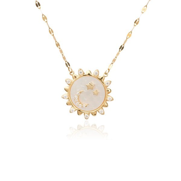 14 Ayar Altın Taşlı Sedefli Güneş & Ay Kolye