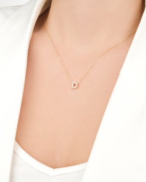 14 Ayar Altın Taşlı D Harfi Kadın Kolye