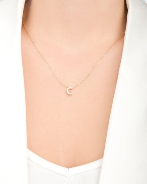 14 Ayar Altın Taşlı Ç Harfi Kadın Kolye