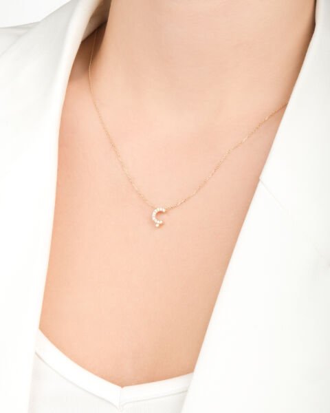 14 Ayar Altın Taşlı Ç Harfi Kadın Kolye