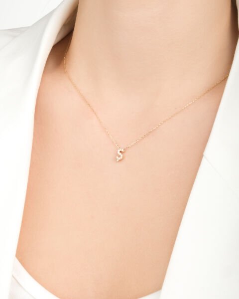 14 Ayar Altın Taşlı Ş Harfi Kadın Kolye