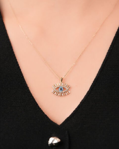 14 Ayar Altın Nazar Boncuklu Göz Figürlü Taşlı Kolye