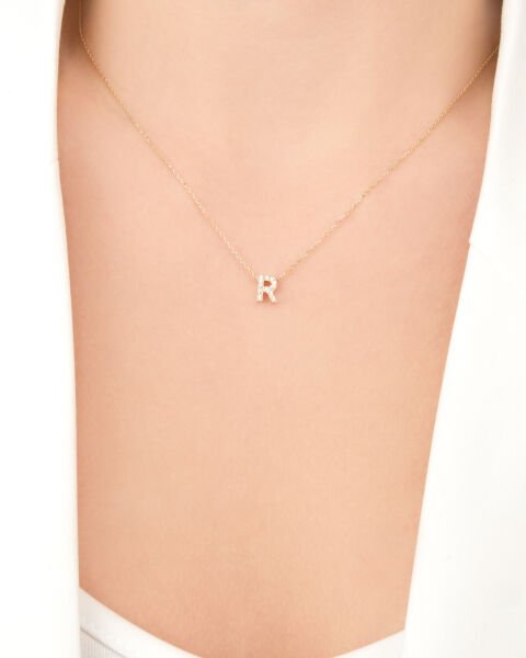 14 Ayar Altın Taşlı R Harfi Kadın Kolye