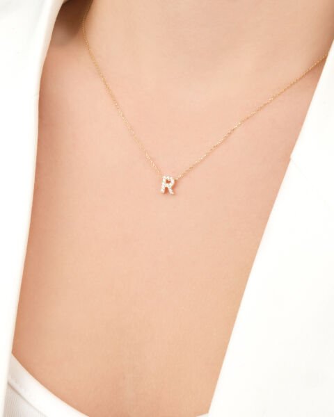 14 Ayar Altın Taşlı R Harfi Kadın Kolye