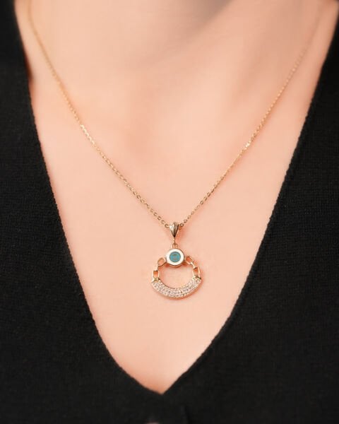 Turkuaz Taşlı Hilal Formlu Taşlı Kolye 14 Ayar Altın