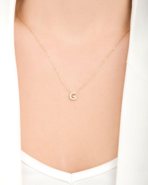 14 Ayar Altın Taşlı G Harfi Kadın Kolye