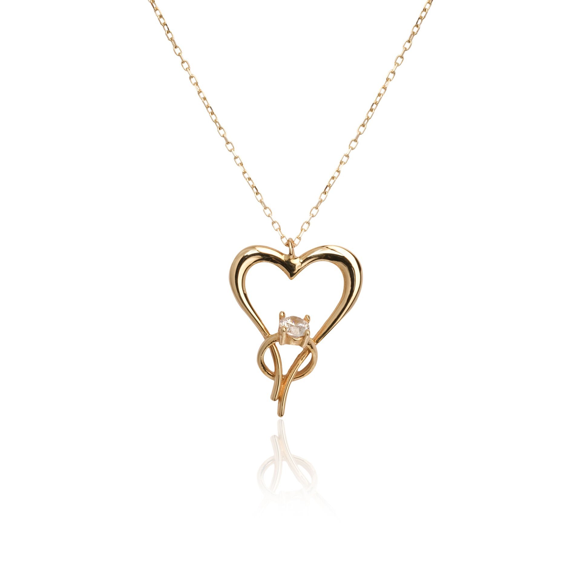 Kalp İçinde Tektaş Yüzük Figürlü Kolye 14 Ayar Altın