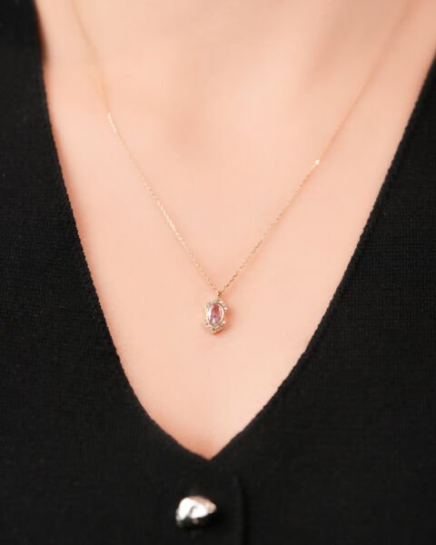 14 Ayar Altın Vintage Pembe Kuvars Kolye