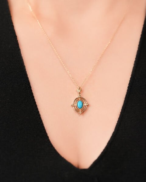 14 Ayar Altın Firuze Taşlı Vintage Kolye