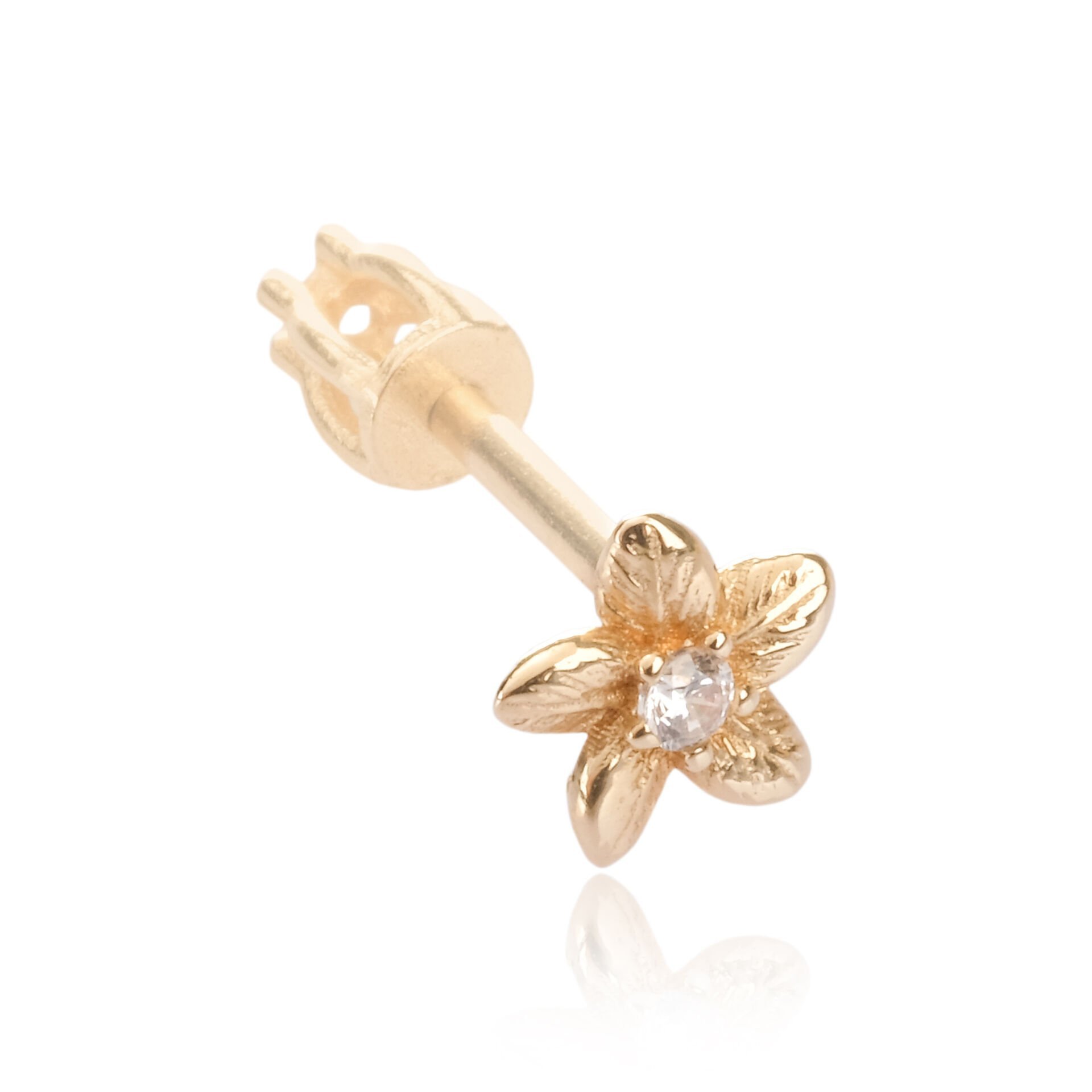 14 Ayar Altın Detaylı Çiçek Figürlü Taşlı Tragus Küpe