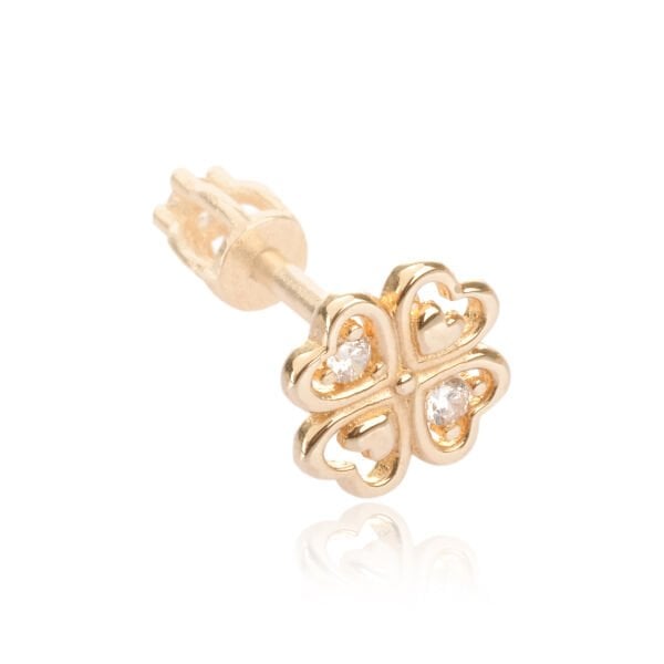 14 Ayar Altın Taşlı Kalpli Yonca Tragus Küpe