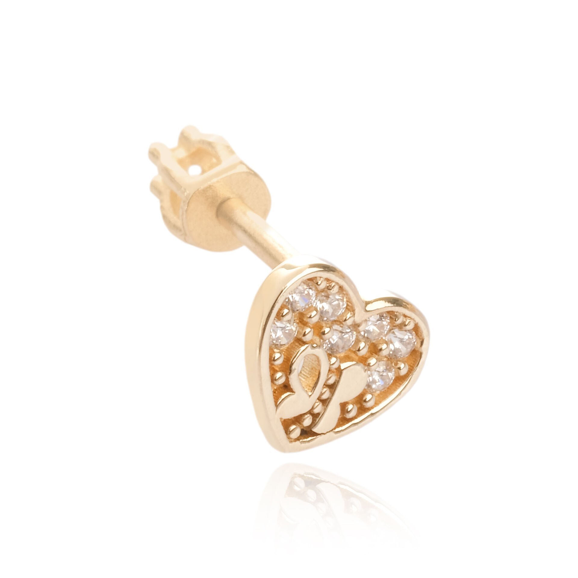 14 Ayar Altın Kalp Figürlü Taşlı Tragus Küpe